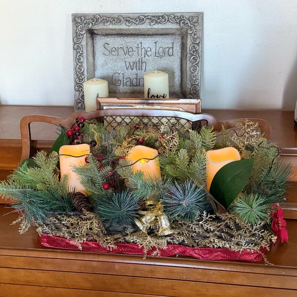 XL 25” Festive Holiday Candle Gold Centerpiece with Greenery - Home Holiday